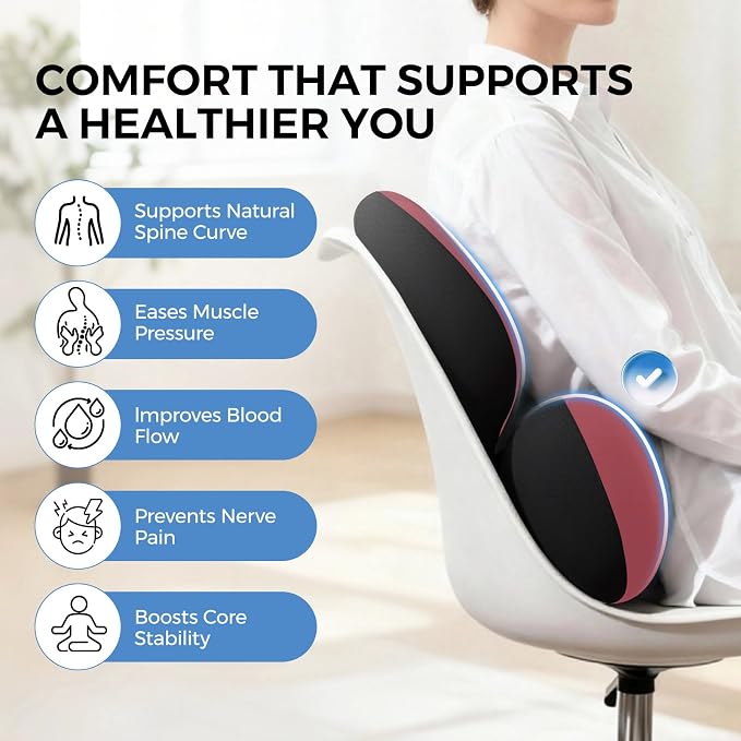 BEBAS Ergonomic Memory Foam Lumbar Support Pillow for Car, Red | Zoned Pressure Relief for Back Support, Lumbar Cushion with Fixed Ring, Breathable Washable Cover, Fits for Driving & Office