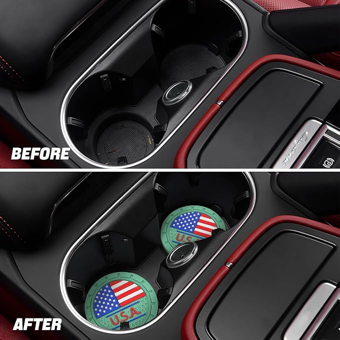 AUCELI 4 Pack Car Cup Holder Coasters, Colored American Flag US Flag Insert Car Cup Coaster, 2.75 Inch Anti Slip Shockproof Embedded Drink Mat, Vehicle Interior Decor Accessories