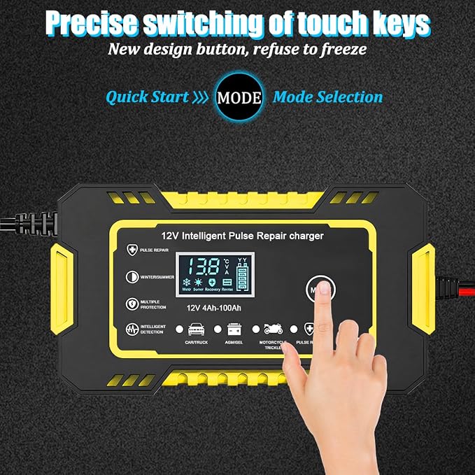 Car Battery Charger, 12V 6A Smart Fully Trickle Vehicle Battery Charger & Desulfator with Temperature Compensation, Portable Automotive Power Maintainer, Universal Fit (Yellow)