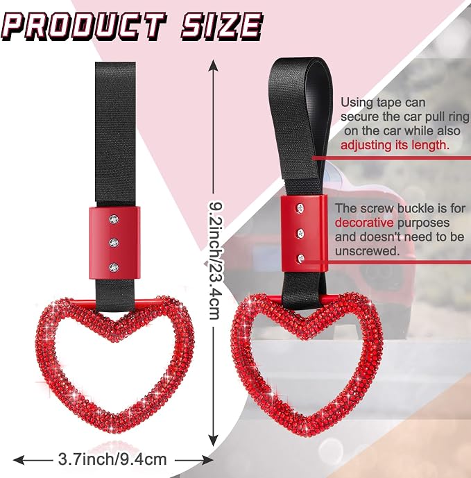 Fabbay Bling Car Accessories Bling Heart Handle Ring Car Accessory for Women Hand Strap Drift Charm Rear Bumper Warning Ring Decor for Auto Bus Interior Exterior Decoration (Red, Heart Style)