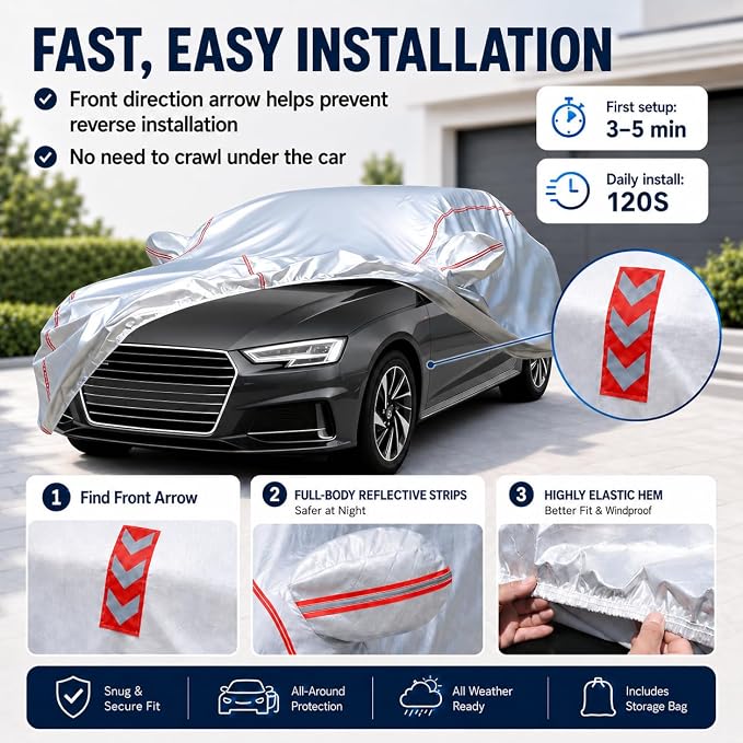 Waterproof All Weather Heavy Duty Vehicle Cover, 360° Underbody Wrap Windproof Design, Quick Install Outdoor Cover,（for Audi A4 2004-2024）
