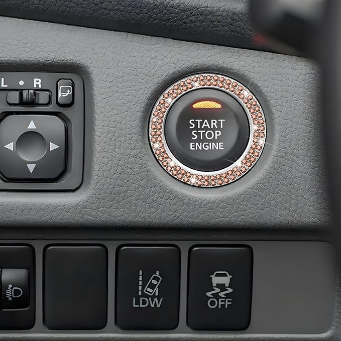 Bling Car Engine Start Ring Decals, 2PCS Sparkling Crystal Rhinestone Vehicle Push to Start Button Sticker, Diamond Auto Key Ignition Knob Decorative Ring, Universal for Vehicles (Peach Pink)