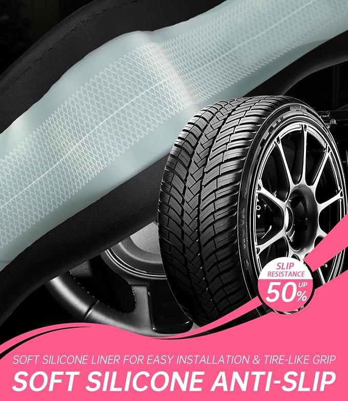 XCBYT Steering Wheel Cover - Pink Leather Steering Wheel Wrap Great Grip with 3D Honeycomb Quick and Effortless Installation Non-Slip Silicone Inner Ring for Women Man Universal Fit 14.5-15 Inch