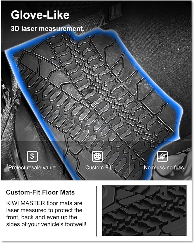 Kiwi Master Floor Mats for 2007-2013 Jeep Wrangler JK 4-Door | OEM Replacement 82210166AC, Custom Fit All Weather Car Mats, Heavy Duty TPE Floor Liners, Front & Rear 2 Row Set, Black
