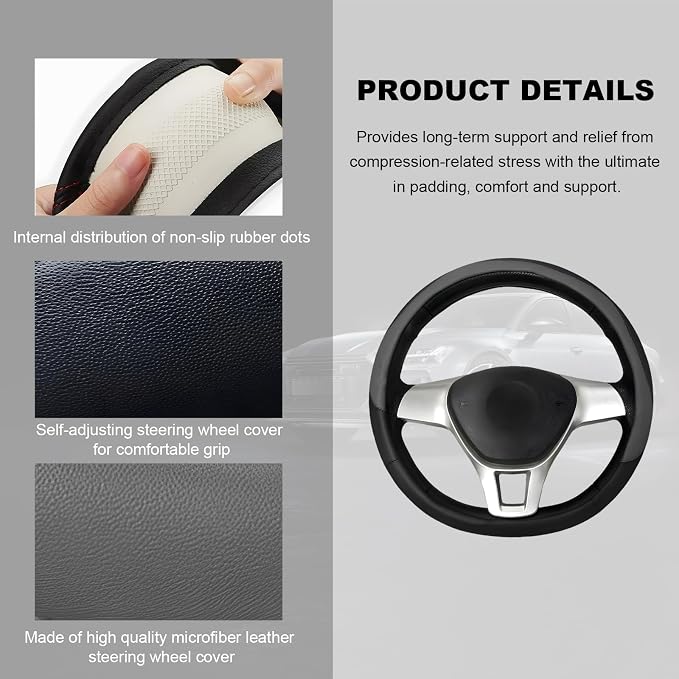 Leather Steering Wheel Cover, Anti-Slip Full Surround Car Wheel Protector with Comfortable Grip, Universal Elastic Decorative Cover Fit for 14 1/2-15 Inch Steering Wheels (Gray)