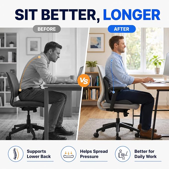 Ergonomic Memory Foam Seat Cushion with Back Support, Office Chair Cushion | L-Shaped Integrated Design with Lumbar Support and Tailbone Cutout for Office, Car, Computer, Dining Chairs (Black)