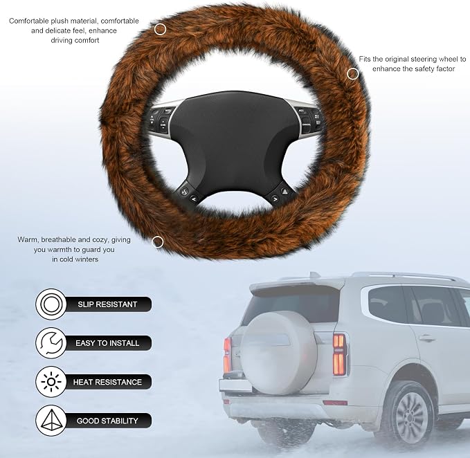 Fluffy Steering Wheel Cover, 15 Inch Anti-Slip Microfiber Plush Fuzzy Steering Wheel Cover, Winter Warm Elastic Fuzzy Steering Wheel Covers for Women and Men, Car Accessories (Brown)