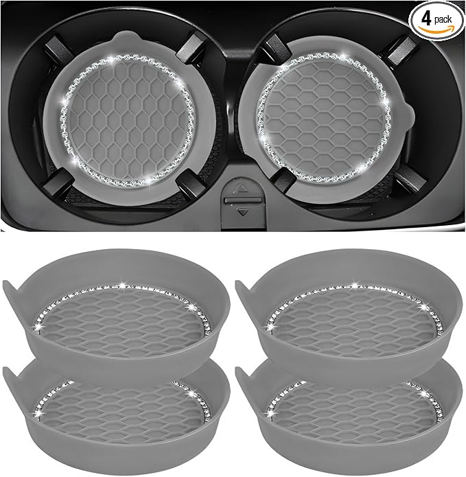 Sun Walker 4 PCS Bling Car Cup Holder Coaster, Non Slip Sparkly Rhinestone Cup Holder Pad Insert Coaster, Shockproof Silicone Shiny Embedded Drink Mat Interior Decor for Most Vehicles (Gray)