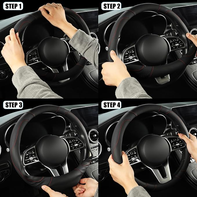 Black Microfiber Leather Steering Wheel Cover 15 inch | Breathable Anti Slip Grip Cool Sporty Look Glow for Women Men