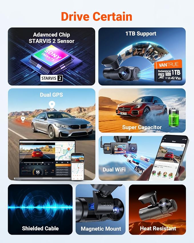 Vantrue New N4S 3 Channel Dash Cam, STARVIS 2 Night Vision, Front Rear Inside Dashcam for Cars, Front and Rear Dual Channel, PlatePix Tech, Parking Mode, Wi-Fi, GPS, 2" IPS, Support 1TB (RC18)