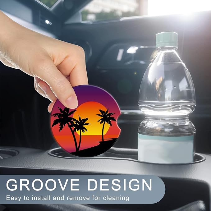 Tropical Palm Trees Coasters for Car & Beach Sunset Cute 2 Pack Anti Slip Ceramic Car Cup Holder Accessories with Finger Notch for Women & Men 2.56"