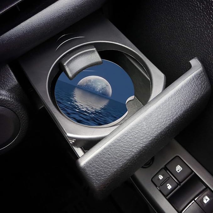 Car Coasters for Cup Holders 2.6" Dia Absorbent Coasters Set of 6 Car Interior Accessories for Women Ceramic Car Coaster for Drinks with Finger Grooves,Full Moon and Meteor Reflection on Sea Surface