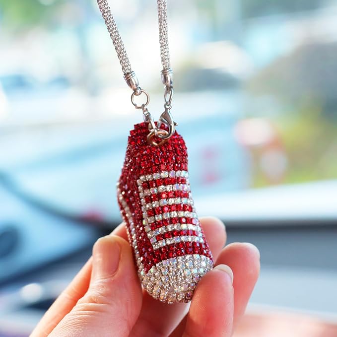 Bling Sneaker Shoe Sparkly Car Hanging Ornament, Cute Crystal Rear View Mirror Pendant, Diamond Rearview Mirror Charms, Lucky Car Interior Decor Accessories (Red)