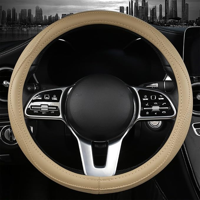 Genuine Leather Steering Wheel Cover, Real Cowhide for 14.5-16 Inch Steering Wheels, Universal Fit for Cars and Trucks (Beige, 16inch)