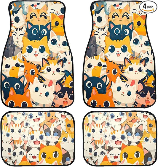 Cat Car Floor Mats Set of 4 Cute Cartoon Colorful Kawaii Anime Carpet Front Rear Carpets Mat Non-Slip Auto Car Accessories Universal Fit for Car SUV Truck Van