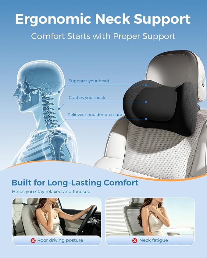 BABUR 100% Memory Foam Neck Pillow, Ergonomic Headrest for Car Seat | Driver Neck Pain Relief, Adjustable Buckle, Universal Car, Office Chair, Soft Breathable, Removable Cover, Machine Washable
