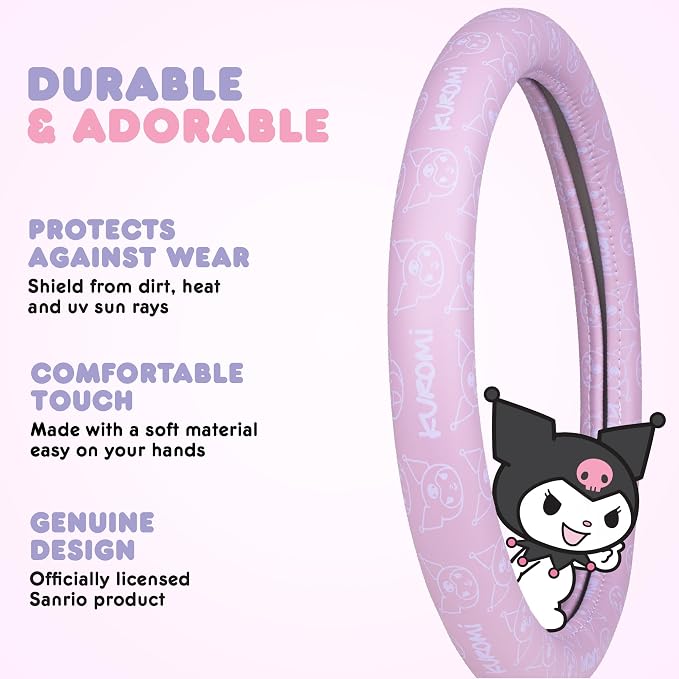 Sanrio Kuromi Steering Wheel Cover for Car, SUV, Truck - Soft Lavender | Universal Fit Cute Car Accessories & Gift for Women, Official Licensed, Steering Wheel Protector Fits 14.5"-15" Wheels