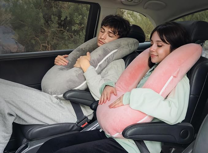 QUEEN ROSE Car Travel Pillow for Sleeping, Adjustable Head Support for Adults & Kids, Breathable Soft Neck Cushion for Road Trips, Machine Washable Cover, Pink