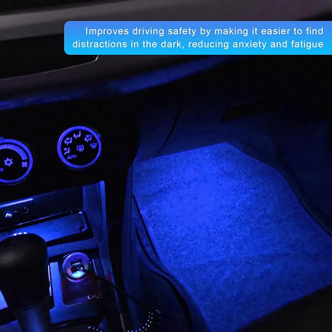 Car LED Strip Light, 12V 24 LEDs RGB Car Atmosphere Lamp with Cigarette Adapter Plug, Vehicle Under Dash Floor Ambient Night Decorative Lighting Kit (Blue)