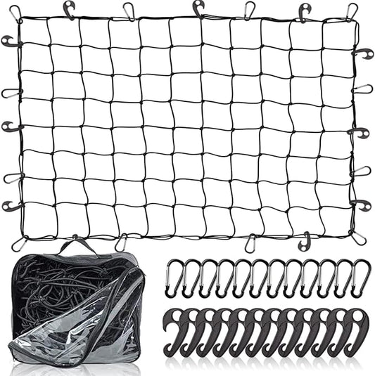 Natural Latex Core Cargo Net for Car SUV Roof Rack | 3'x4' Stretches to 6'x8' Small Bungee Net for Pickup Bed | 12 Carabiners + 12 Hooks | Tight 4”x4” Mesh for Ford, Dodge, Chevy, Toyota