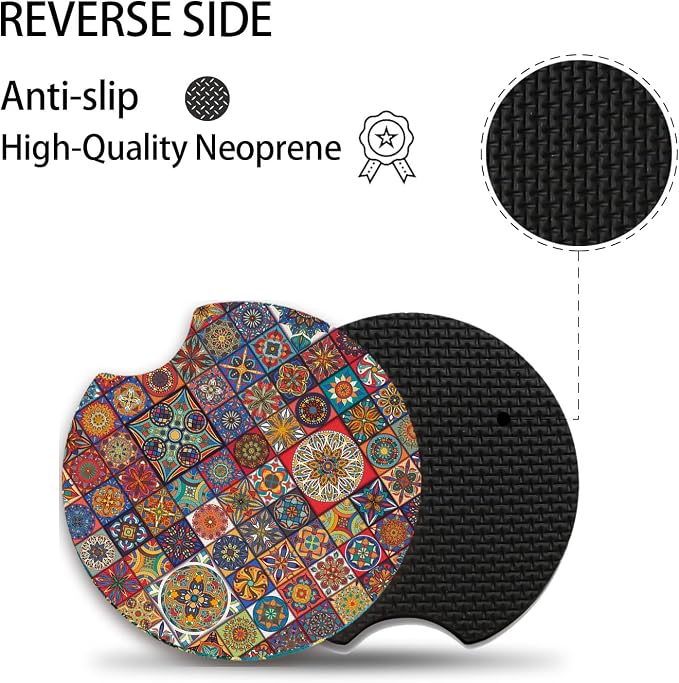 Boho Absorbent Neoprene Car Coasters, 2.75inch Mandala Style, 2 Pack Universal with Finger Slot