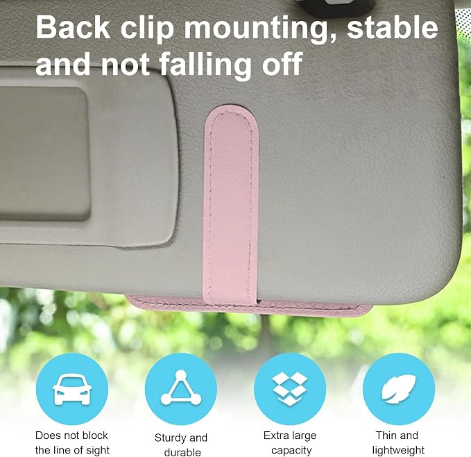 Dickno Small Leather Car Sun Visor Organizer, Multifunctional Auto Visor Document Holder with Sunglasses Clip, Universal Car Interior Organizer for Drving License, Card, Pen (Pink)