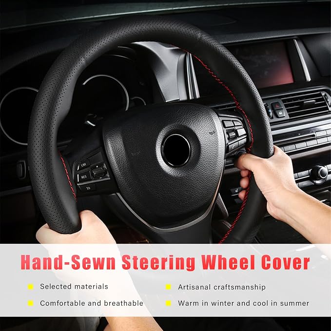 Augeny Genuine Leather Steering Wheel Cover, Breathable Anti-Slip Car Steering Wheel Protector Stitch on Wrap for Max Diameter 15 Inch, DIY Sewing with Needle Thread (Full Hole, Coffee)