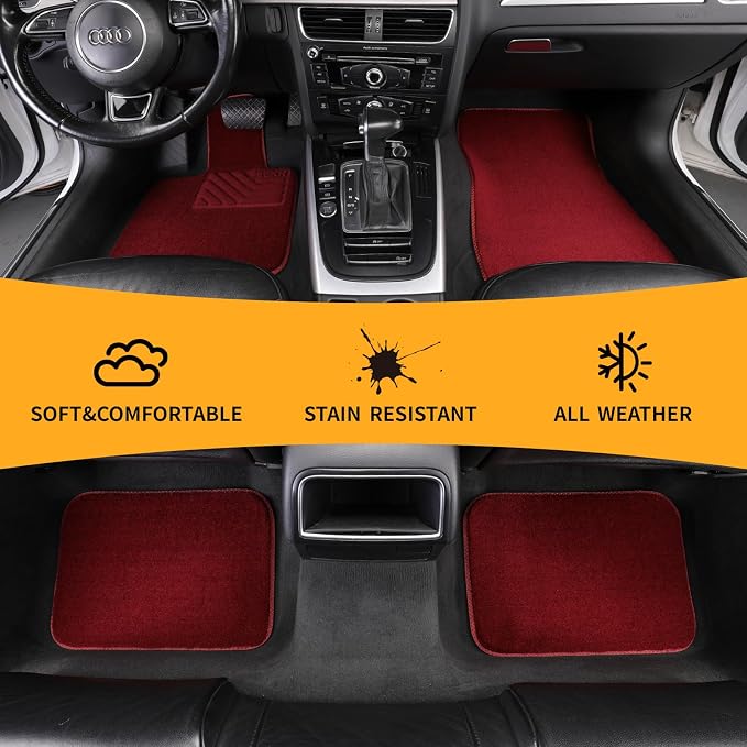 EKR All-Weather Universal Floor Mats,Thick Anti-Slip Car Carpet(Burgundy) | 0.5 inch Thick Anti-Slip Automotive Floor Mat with Driver Heel Pad Fit for SUV/Vans/Sedans/Trucks,Burgundy 4pcs Full set