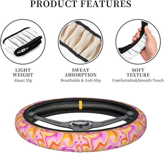 Groovy 70s 80s Vintage Aesthetic Steering Wheel Cover For Women Men Girls Car Accessories Decor Anti-Slip Neoprene Auto Steering Wheel Covers Protector Universal 15 Inch