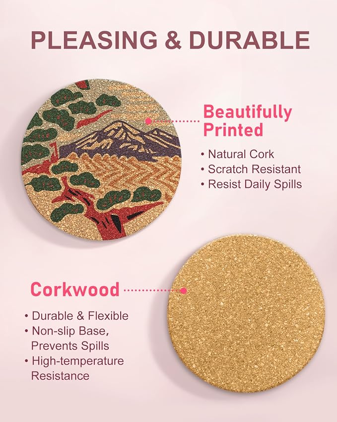 Swooflia Car Coasters for Women - Japanese Painting Cork Car Cupholder Coaster Cool Absorbent Mat Coaster with Cork Base 2 Pack Automotive Cup Holder Accessories New Driver Gifts for Decor