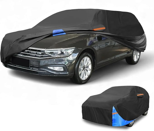 Waterproof All-Weather Universal Car Cover with Right Side Zipper, 190T Polyeste Black Blue Fits for Wagon 190" to 198" Length