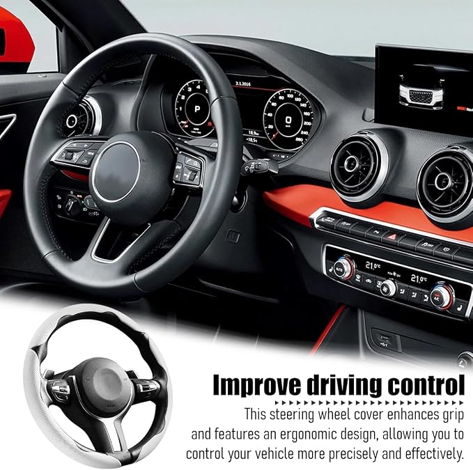3PCS Car Steering Wheel Cover, 14.5-15" Breathable Nappa Leather Segmented Steering Wheel Protector with Non-Slip Grip, Stylish Auto Interior Decor Accessories, Universal for Vehicles (White)