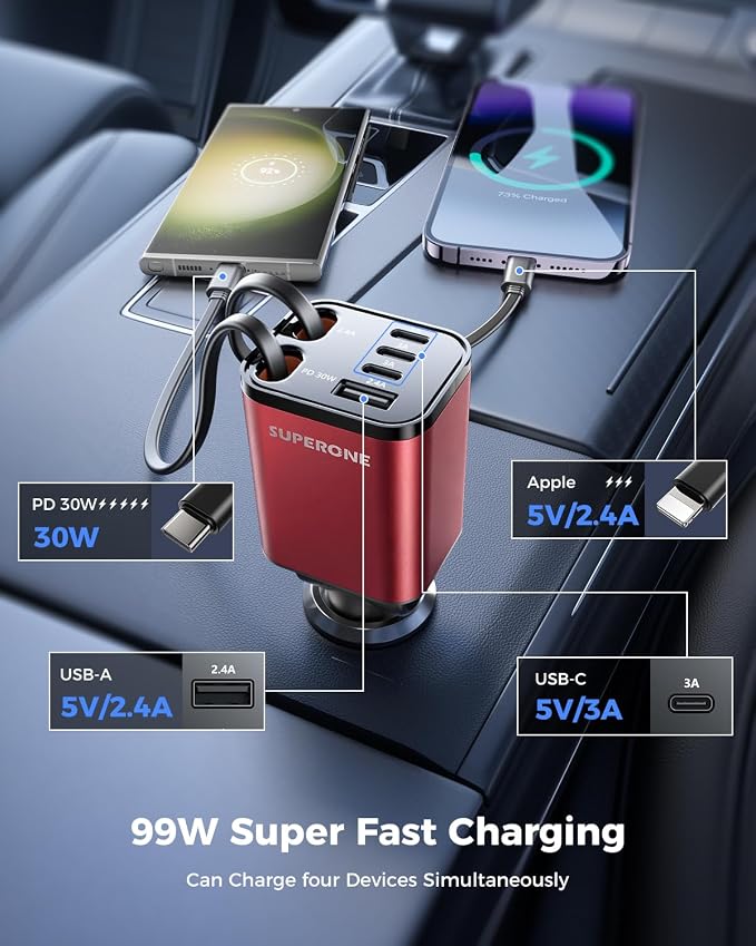 [Upgraded] 6 in 1 Retractable Car Charger, SUPERONE Smaller Fast Car Phone Charger 69W with Cord, USB C and iPhone Car Charger Adapter, Compatible iPhone 17/17 Pro Max/16/15/14/13/12/11, Sumsung