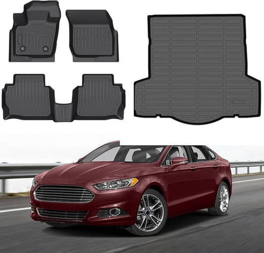 Floor Mats for Ford Fusion & Lincoln MKZ 2013-2016 Custom Fit TPE Liners | Automotive Non-Slip Waterproof Floor Liner All Weather TPE Car Accessories Mats Set, Front & 2nd Row & Cargo Liner