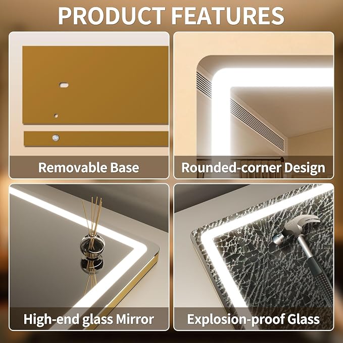 ROLOVE Vanity Mirror with Lights, Lighted Vanity Mirror with Dimmable 3 Modes, LED Makeup Mirror, Touch Screen Control, for Makeup Desk, Dressing Room, Gold, 23x19 Inch