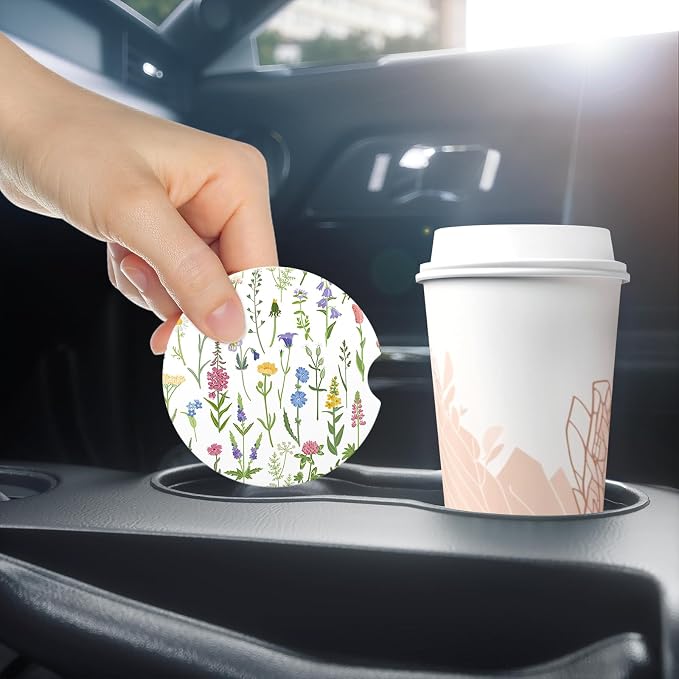 Aiawoxc Car Cup Holder Coasters, 2 Pack Universal Auto Anti Slip Insert Coaster with A Finger Notch, Cup Mat for Most Car Interior, Colorful Flower