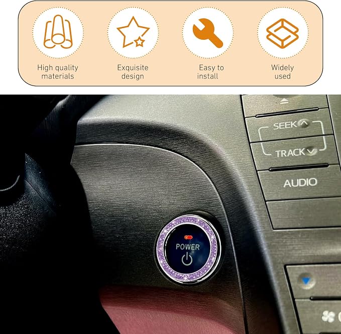 WZP 2PCS Bling Push to Start Button Cover, Crystal Rhinestone Engine Start Button Cover, Sparkling Car Interior Accessories for Women (Purple)