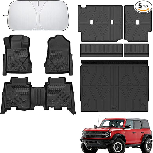 Floor Mats for Ford Bronco 4-Door 2021-2024 2025 2026(Not for 2 Door&Sport), Cargo Liner Set, Heavy Mud & Off-Road Protection with 3D Waterproof High-Edge & Anti-Slip Retention System