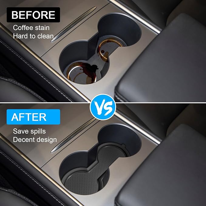 for Tesla Model 3 Accessories 2021-2023 Model Y 2021-2024 2025 Cup Holder Inserts Center Console Liner Coasters Mat Pad Interior Decoration 3D Silicone (Black Trim, 3 pcs)