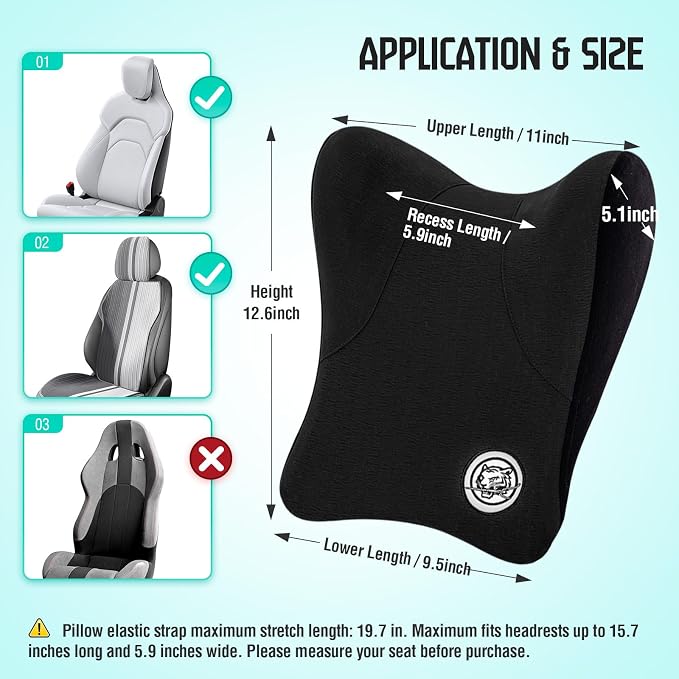 Car Neck Pillow for Driving Seat, Soft Memory Foam Headrest Pillow with Adjustable Strap and Removable Cover, Ergonomic Neck Support for Car, Office Chair, Gaming Chair – Black