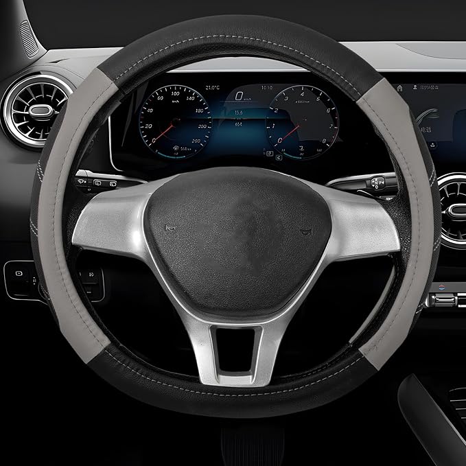 Sport Leather Steering Wheel Cover, 14.5-15 Inch Breathable Auto Steering Wheel Protector with Anti-Slip Lining, Soft Comfortable Leather Wheel Protector for Cars Trucks SUVs (Black & Gray)