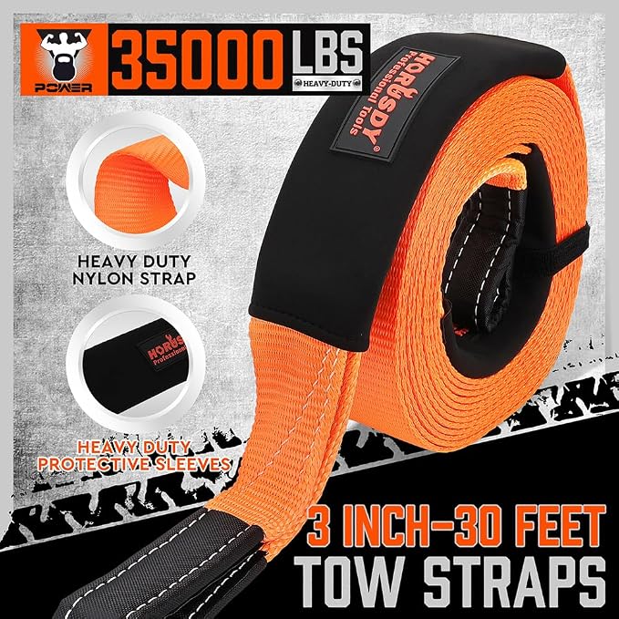 HORUSDY Nylon Heavy Duty Tow Strap Recovery Strap with Hooks 3" x 30Ft - 35,000 LBS Break Strength, 3/4 D Ring Shackles (2pcs), Recover Your Vehicle Stuck in Mud/Snow