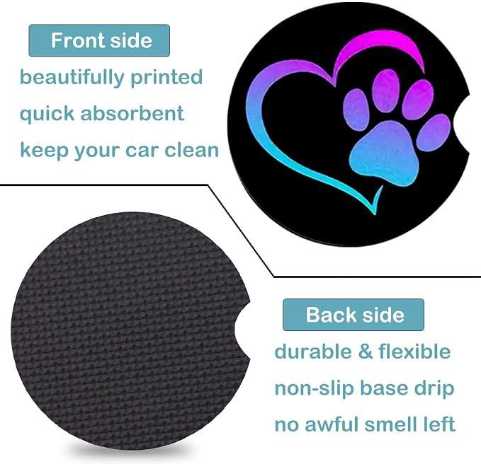 2 Pack Love Dog Paw Car Cup Holder Coasters Universal Neoprene Coasters | 2.75" Universal Size Anti Slip Rubber Mat, Auto Cup Holder Accessories for SUV Truck, Dog Lovers Gifts for Women Men Mom