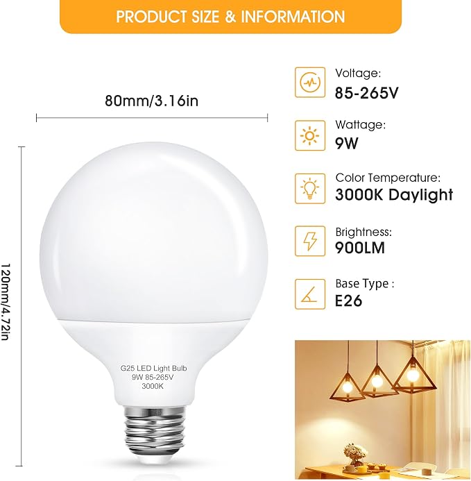 Vanity Light Bulbs for Bathroom, G25 LED Globe Light Bulb 100W Equivalent | 9W 3000K Warm White LED Bulbs E26 Medium Base for Mirror Makeup Chandelier Lighting, Non-dimmable, 4 Pack