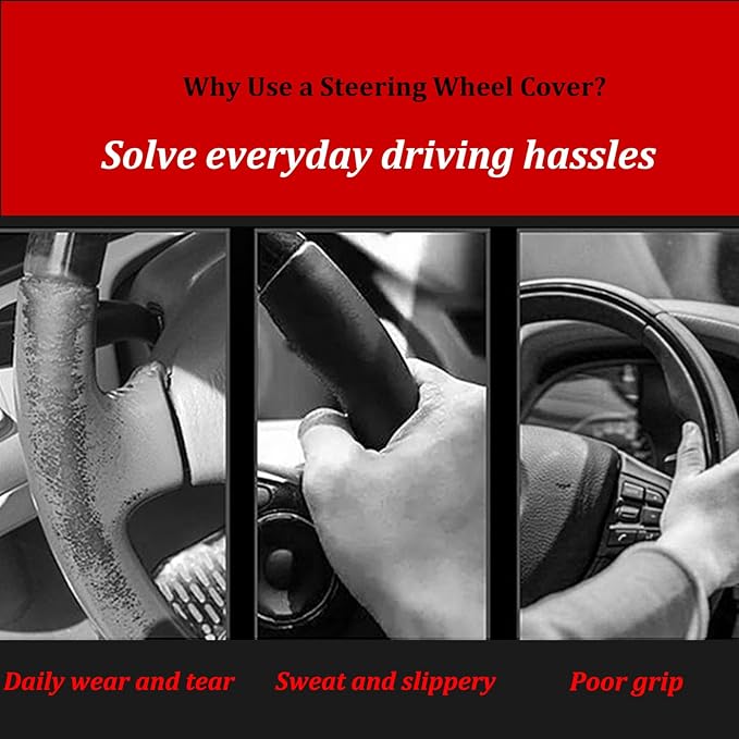Black Genuine Leather Car Steering Wheel Cover Men Women,Cowhide Wheel Cover,Soft,Breathable,Anti-Slip,Luxury Steering Wheel Cover,Large Size 15.5-16 inch(L)