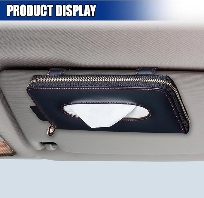 Car Tissue Holder, Leather Car Sun Visor Napkin Box with Tissue Refill, Auto Backseat Paper Carton Mask Dispenser with Zipper, Universal Hanging Vehicle Towel Clip for RV, SUV, Truck (Black)