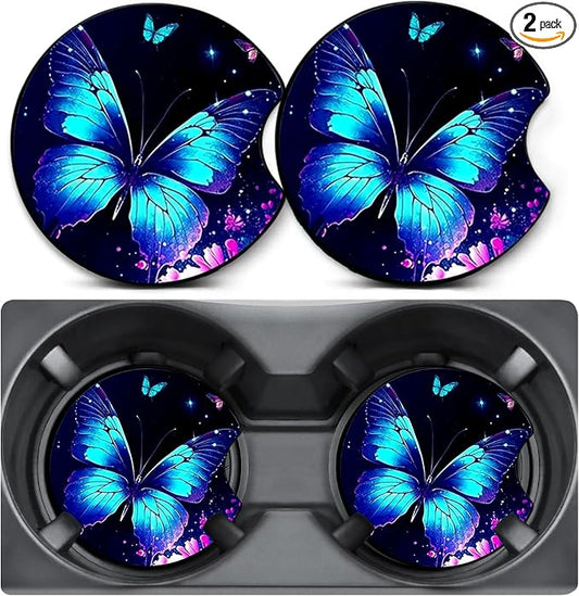 2 Pack Blue Butterfly Car Coasters for Cup Holders,Neoprene Anti Slip Mat | 2.75" Universal Size,Auto Rubber Drink Coasters Decor Car Accessories Interior Blue Butterfly Gifts for Women Men