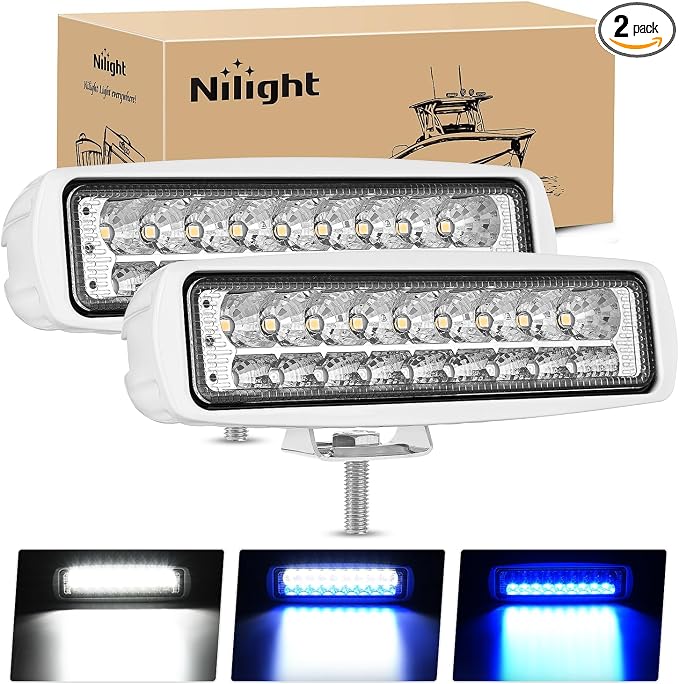 Nilight Marine LED Pods Navigation Lights 2PCS 54W Blue White Flood Beam Ponton Boat Deck Dock Lighting for Night Fishing T-top Stern Yacht Kayak Port Sailboat Trucks Tractors