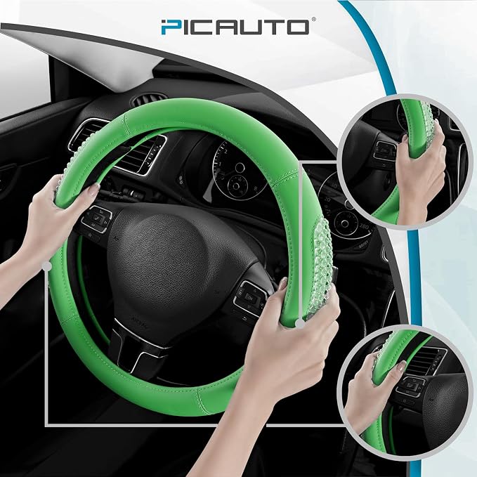 PIC AUTO Steering Wheel Cover, Green Leather, Fits 14.5-15.5 Inch Wheels | Universal Steering Wheel Cover with Anti-Slip Grip, Durable Car Interior Accessory, Fits Most Cars, SUVs, Trucks and Vans