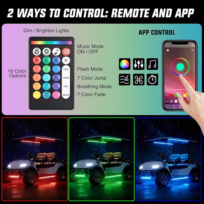 Nilight 6PCS Golf Cart Underbody Light Kit with Canopy Lights RGB Multi-Mode LED Neon Accent Lighting Lamp APP Remote Control Sound Active Music Sync IP67 Waterproof 12V-66V for EZGO Yamaha Club Car